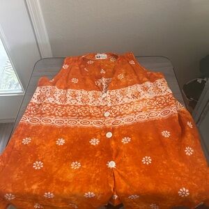 Orange Sleeveless Button-Up Top with Floral Pattern